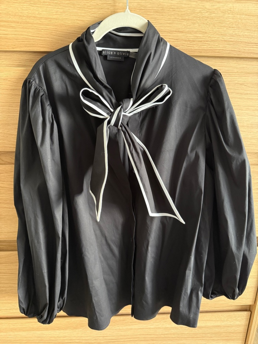 Alice + Olivia Black Blouse with White-Trim Tie Neck